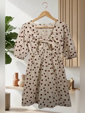 Sim & Sam Cream & Brown Polka Dot Cotton Puff Sleeve Mini Dress Size L